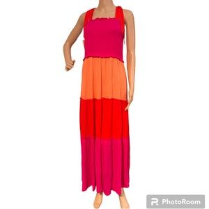 New Bebop Tiered Smocked Color block Sleeveless Dress